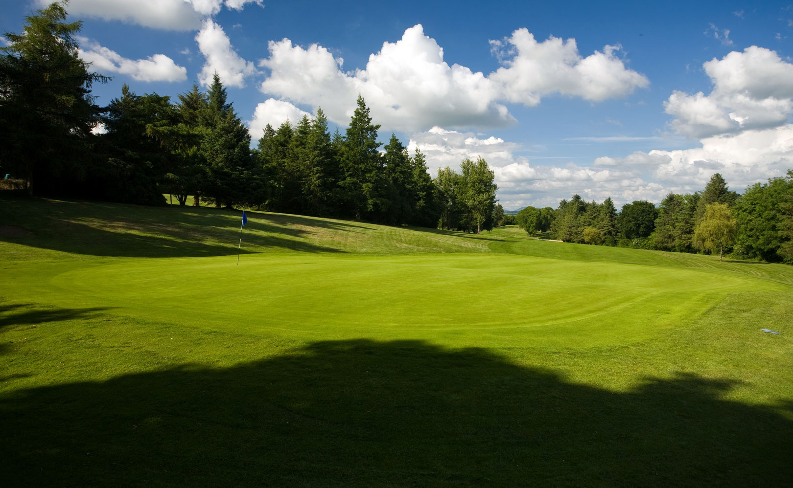 A green at Mallow Golf Club with a blue flag, framed by mature trees with the hills of north Cork beyond