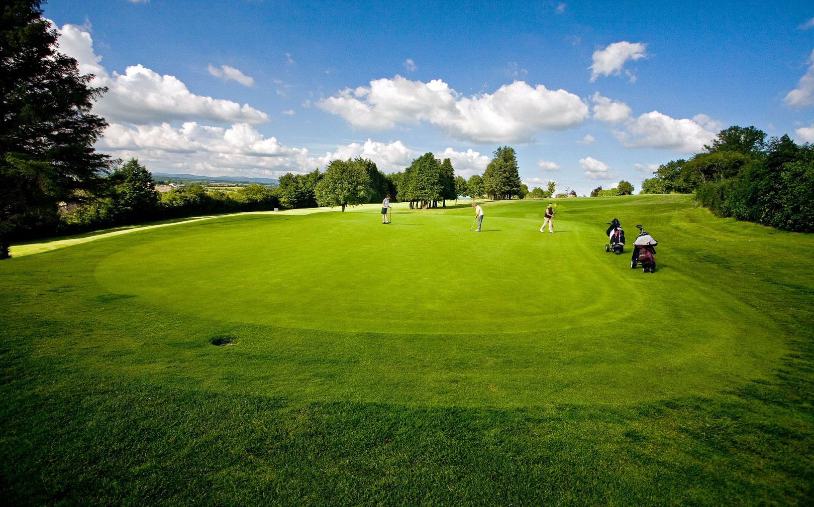 Three golfers putting out on a large green at Mallow Golf Club on a sunny day, with two electric trolleys parked at the fringe